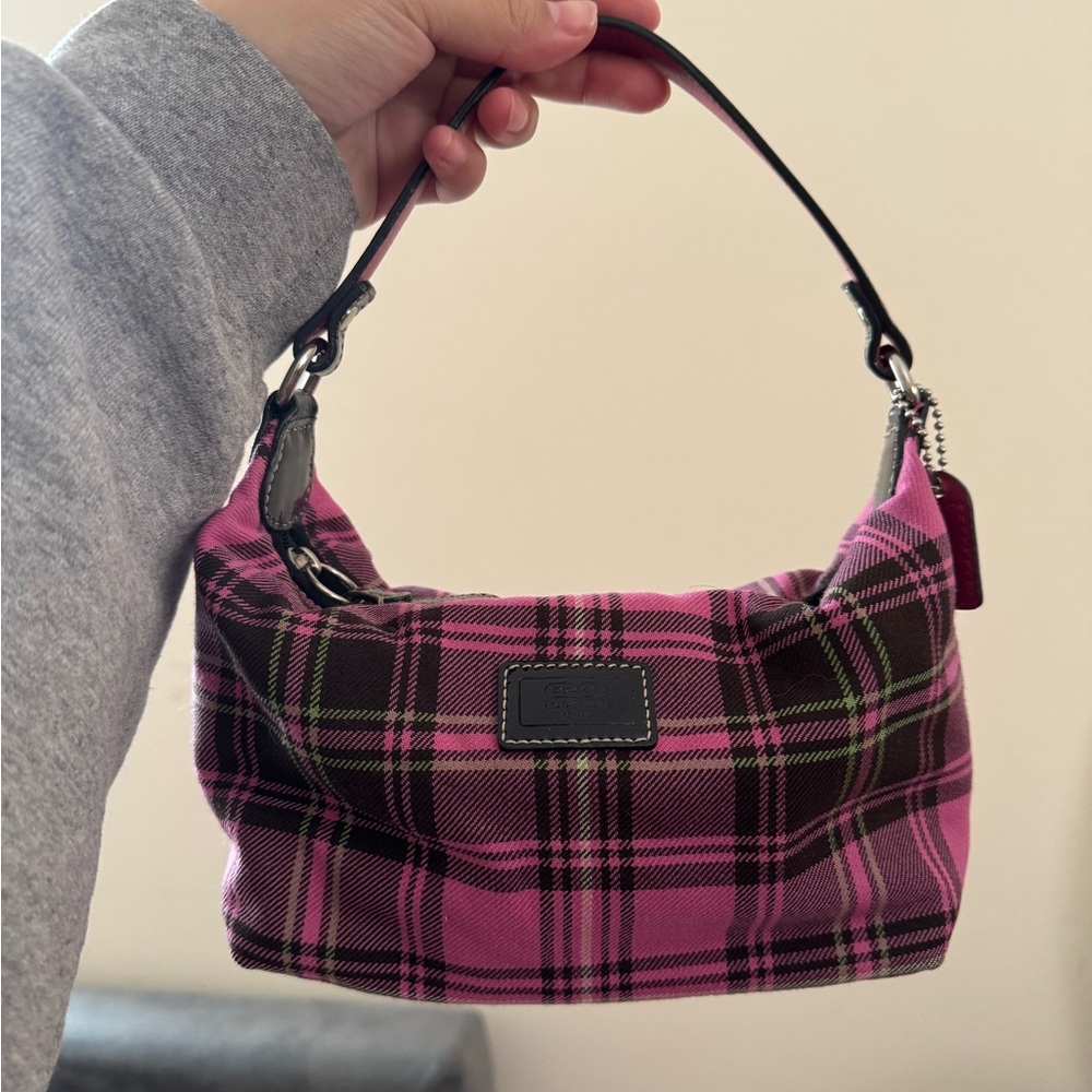 Coach Pink and Brown Plaid Shoulder Bag